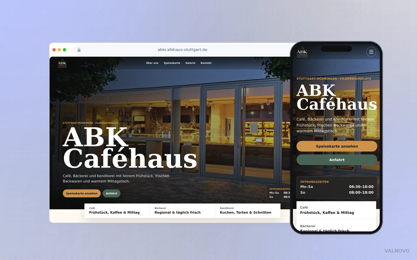 Website-Mockup ABK Caféhaus Stuttgart mit Desktop- und Mobile-Ansicht