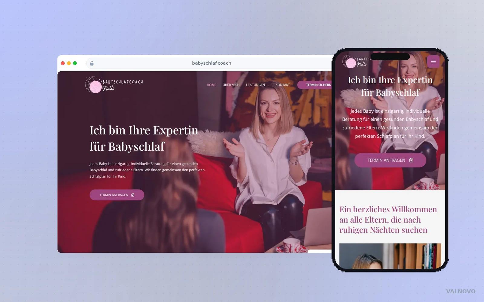 Website-Mockup Babyschlaf Coach mit Desktop- und Mobile-Ansicht