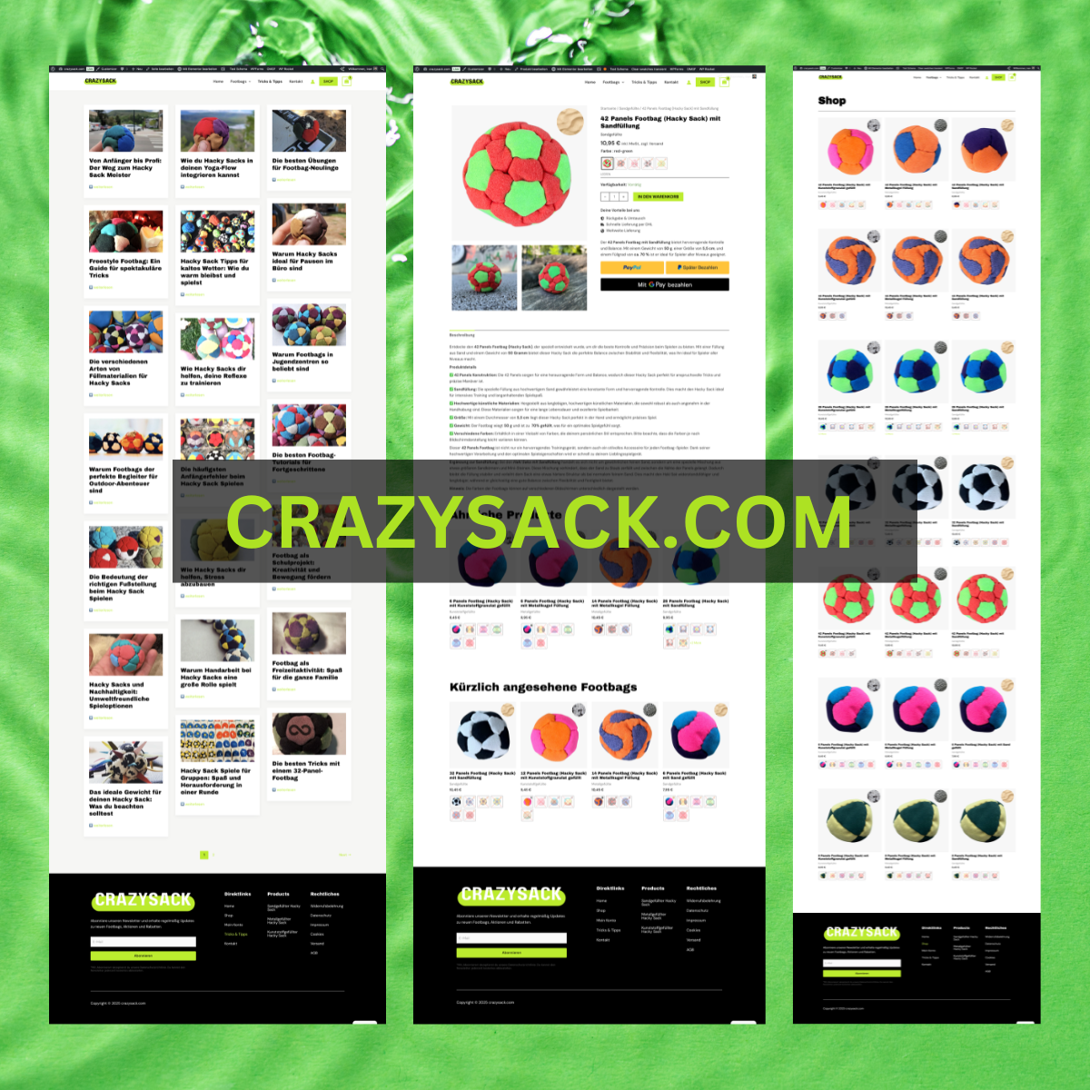Screenshot: Onlineshop CrazySack – Footbags und Sport-Equipment