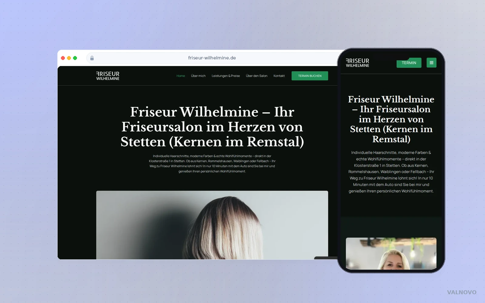 Website-Mockup Friseur Wilhelmine mit Desktop- und Mobile-Ansicht