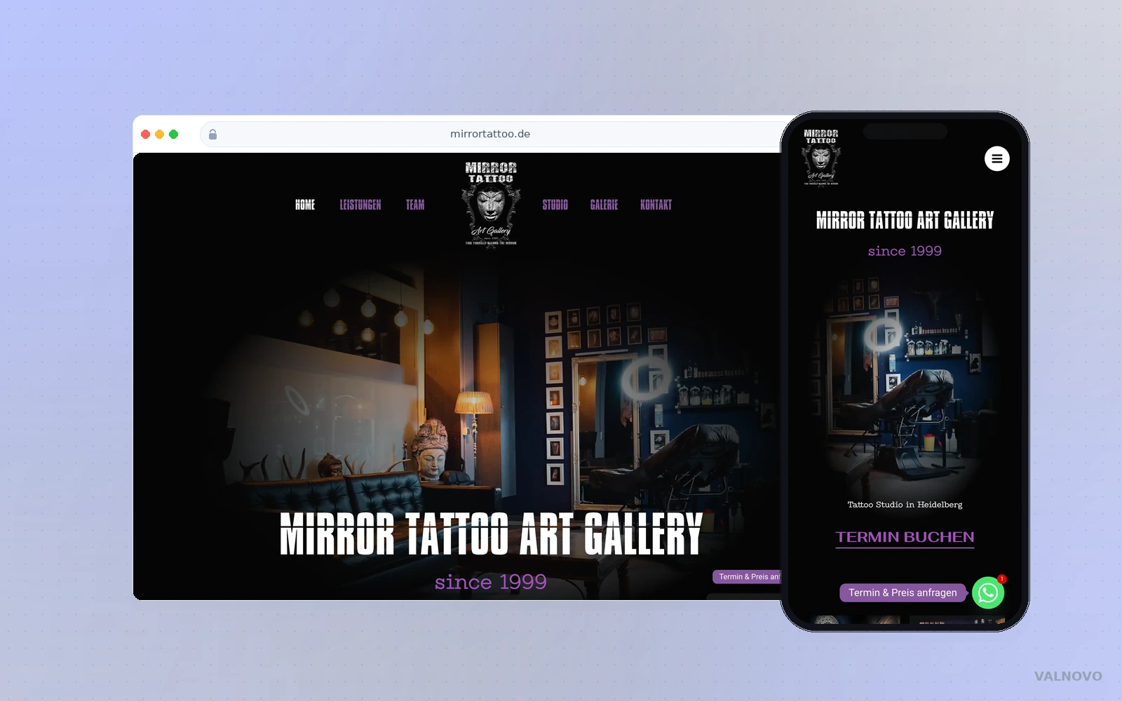 Website-Mockup Mirror Tattoo Art Gallery mit Desktop- und Mobile-Ansicht