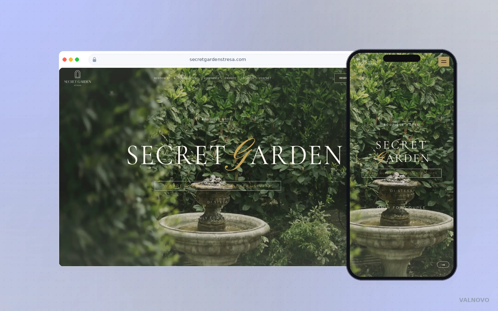 Website-Mockup Secret Garden Stresa mit Desktop- und Mobile-Ansicht