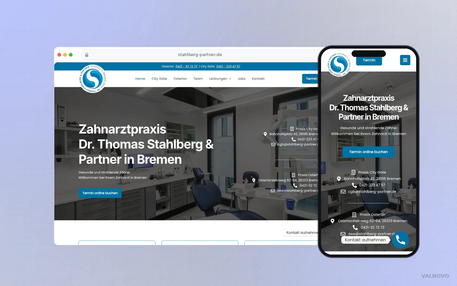 Website-Mockup der Zahnarztpraxis Stahlberg und Partner mit Desktop- und Mobile-Ansicht